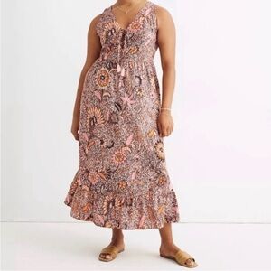 Madewell Lace Up Ruffle Hem Sleeveless Midi Dress in Bali Blooms Floral Size 10